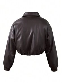 Tween Girls Spring/Autumn Solid Color Collared Bomber Jacket Short PU Coat