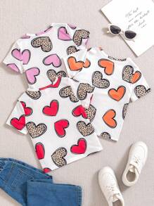 3pcs Girls' Casual Comfy Leopard & Heart Print Short Sleeve T-Shirt Set, Summer - Multicolor - View 2