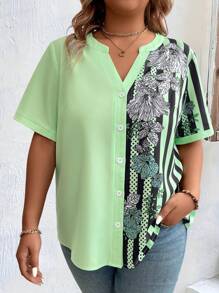 Plus Size Stripe & Flower Print Patchwork Shirt With Notched Collar - Vacation & Leisure - Multicolor - View 1