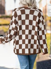 SHEIN LUNE 大码女式千鸟格印花针织开衫 - 卡其色 - 查看 2