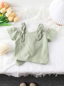Infant Girls' Comfort Blue Elegant Butterfly Applique Strap Top - Army Green - View 2