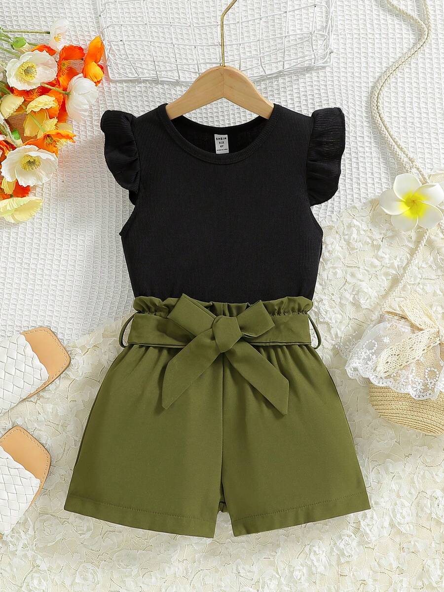 SHEIN Conjunto de top de manga de vuelo con cuello redondo y pantalones de unicolor minimalista para niñas jóvenes, 2 piezas - Multicolor - Ver 1