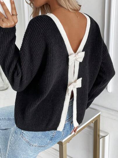 EMERY ROSE New Loose Fit Casual Knit Pullover Sweater For Women, Comfortable & Fashionable, Autumn/Winter Bow Decor, Long Sleeve Tops, Knit Pullover Fall