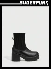 Sugerpunk 女式鞋款,時尚圓頭厚底針織黑色萬能靴 - 黑色 - 查看 1