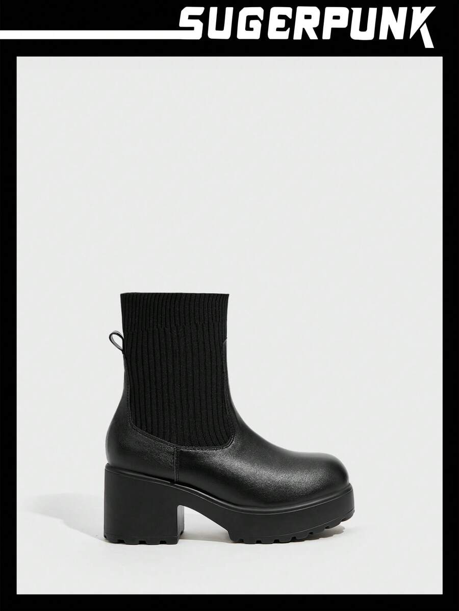 Sugerpunk 女式鞋款,時尚圓頭厚底針織黑色萬能靴 - 黑色 - 查看 1