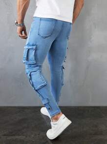 Manfinity LEGND Men's Light Blue Denim Cargo Pants Slim Fit Street Style