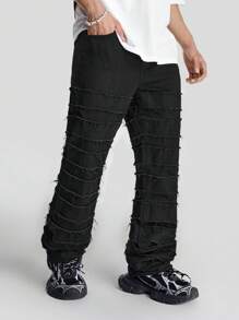 Manfinity Roghcode Men's Black Denim Frayed Trim Skinny Jeans Slim Fit Plain Black Jeans, For Husband, Boyfriend Gifts