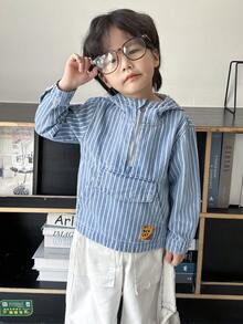 SHEIN YOUNG BOY 休闲街头风格条纹扁平口袋和拉链细节牛仔连帽衫 - 淺色水洗藍 - 查看 5