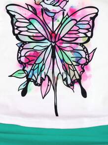 SHEIN LUNE Áo thun nữ in hình bướm hở vai thường ngày mùa hè - Màu xanh ngọc - Xem 4