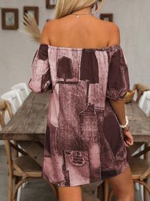 SHEIN LUNE Damen Kleid mit Off-Shoulder Design und zufälligem Aufdruck - Kaffeebraun - Übersicht 2