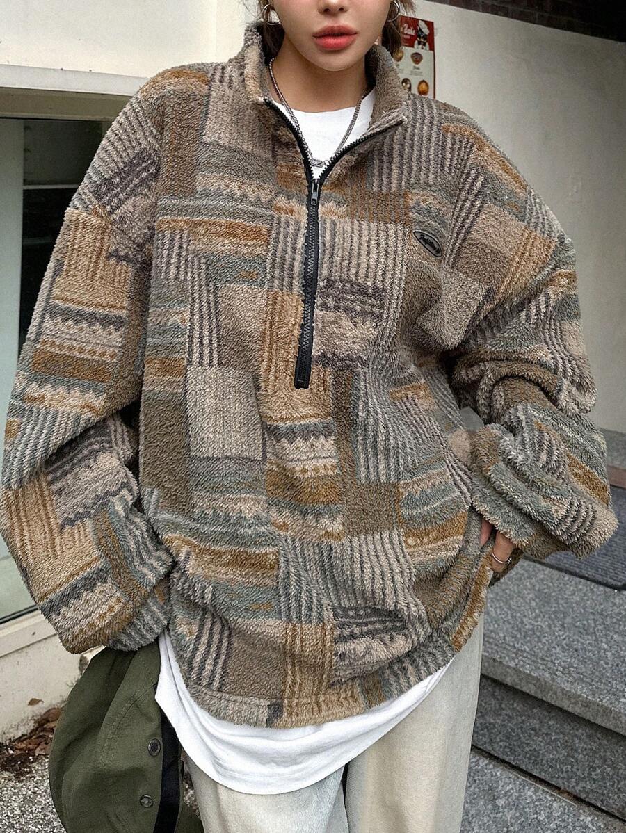 DAZY 女士复古风格印花休闲日常穿着长袖运动衫、长袖上衣 - 橄欖綠 - 查看 1