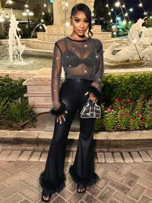 BamGleam Áo dài tay chắp vá pha lê trang trí hộp đêm dành cho nữ có lớp lông tơ - màu đen - Xem 4