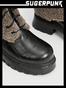 Sugerpunk Woman Shoes Round Toe Thick Sole Black Warm Fuzzy Lace Up Combat Boots - Black - View 5