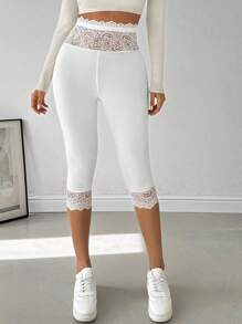 SHEIN Privé Women's Elegant Basic Simple Lace High-Waist Capri Leggings - White - View 4