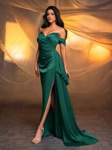 Glamrae Váy trễ vai sang trọng thanh lịch với thân áo viền hạt, xẻ tà & đuôi váy, váy dạ hội, váy dạ hội, cho khách dự tiệc cưới, tốt nghiệp, váy dự tiệc tối - Màu xanh lá cây đậm - Xem 4