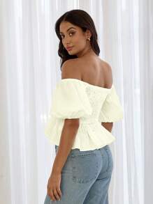 Aloruh 女士露肩泡泡袖衬衫 - 杏色 - 查看 4