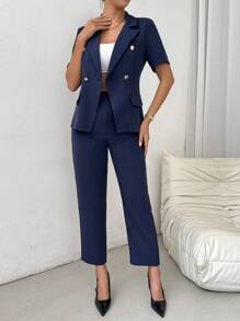SHEIN Unity Mùa hè dành cho nữ màu trơn có ve áo ngắn tay phù hợp với áo khoác và quần trang phục đi làm thanh lịch - Màu xanh hải quân - Xem 3