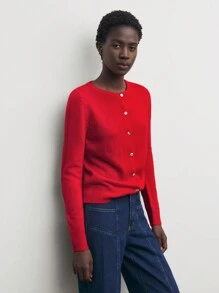 BizChic Áo len cardigan dệt kim màu trơn thanh lịch cho nữ, trang phục mùa thu đỏ cổ điển cho nữ Áo len đỏ Áo len dài tay màu đỏ - Đỏ - Xem 6