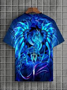Men's Plus Size Chinese Dragon Print Crew Neck Short Sleeve Casual T-Shirt, Summer