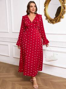 SHEIN Clasi Damen Kleid in großen Größen mit Rüschen, Pünktchen-Muster und Schlitz am Saum, elegantes Design für Frühling und Sommer - Bordeaux - Übersicht 1