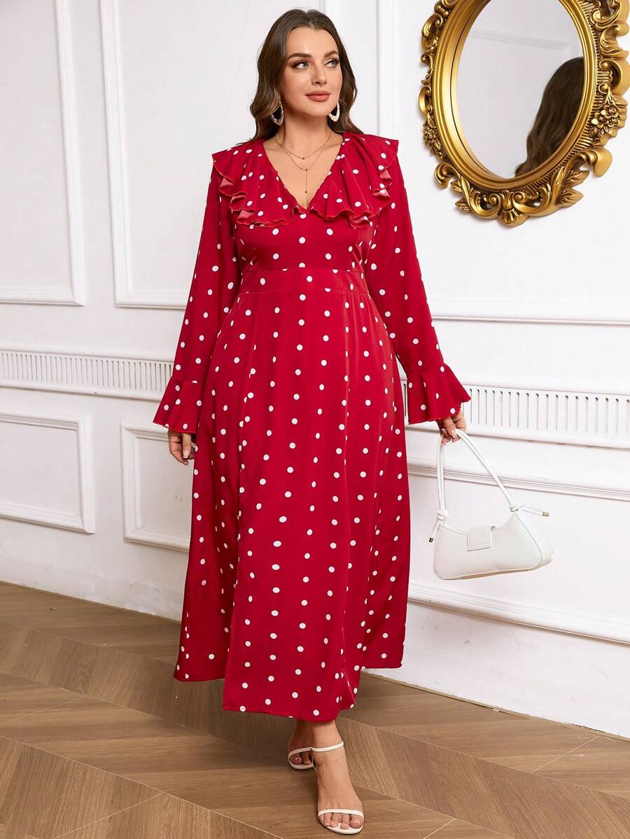 SHEIN Clasi Damen Kleid in großen Größen mit Rüschen, Pünktchen-Muster und Schlitz am Saum, elegantes Design für Frühling und Sommer - Bordeaux - Übersicht 1