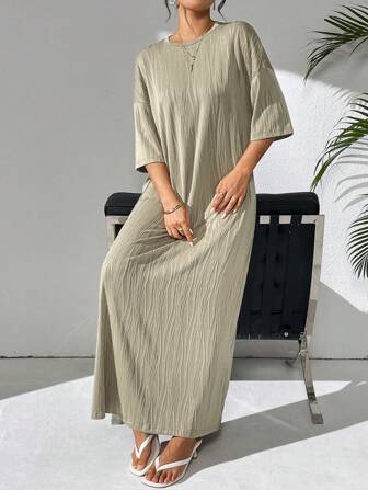 Mulvari Damen uni Rundhals Dolman Ärmel Maxi Loose Lässig Kleid, Frühling/Sommer, Kleid perfekt für Strand/Lässig/Urlaub/Zuhause