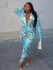 Slaydiva Traje de chaqueta y pantalón de mujer de estilo elegante y casual de temporada otoñal, con chaqueta de solapa de manga larga y pantalón corte slim con estampado barroco azul en toda la Bottom.