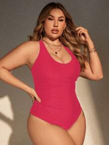 SHEIN Swim Curve Plus Size Solid Color Back Cross Cutout One-Piece Swimsuit, Casual Resort Wear Summer - Hot Pink - View 4