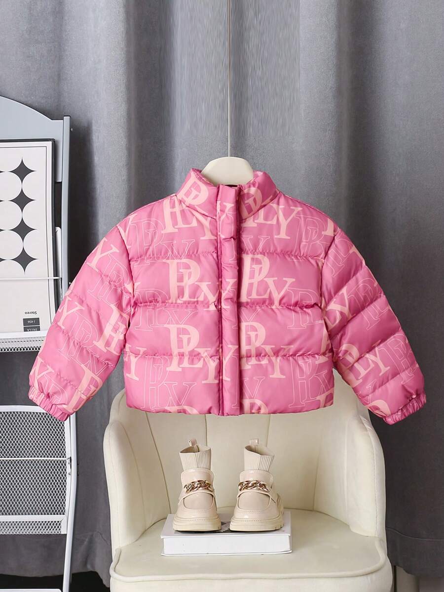 Chaqueta informal de manga larga con estampado de letras para niñas pequeñas - Rosa - Ver 1