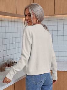 SHEIN LUNE Plain Crew Neck Long Sleeve Minimalist Knitted Sweater, Casual Everyday Wear,Long Sleeve Tops, Fall Winter - White - View 2