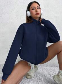 Flirla 女士纯色简约日常圆领长袖卫衣，长袖上衣，适合毕业季、返校季、教师节等场合，秋季返校套头卫衣 - 藏蓝色 - 查看 4