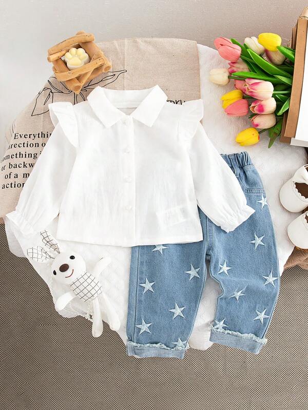 SHEIN Ensemble chemise et jean simple avec broderie étoile pour bébé fille, automne