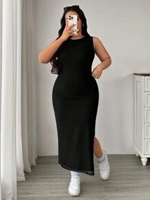 SHEIN EZwear Plus Size Women's Solid Color Minimalist Daily Sleeveless Mesh Slit Pleated Dress - Black - View 4