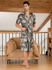 Men's All-Over Print Waist Belt Short Sleeve Bathrobe - Army Green - View 3