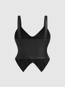 SHEIN MOD Maglietta in pelle nera semplice e aderente, taglie comode, lingerie in pelle nera per donna - nero - Visualizzare 2