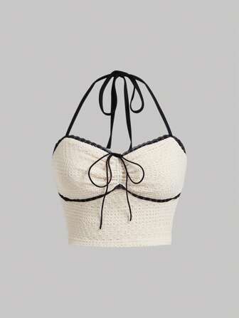 SHEIN MOD 大码仿钩针拼色蕾丝边系带吊带杏色上衣