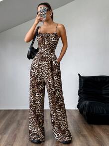 SHEIN Unity Leopard Print Loose Jumpsuit - Brown - View 5