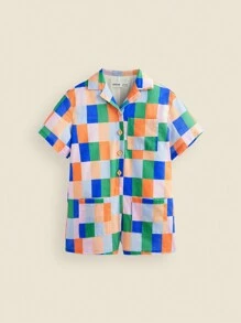 SHEIN Young Girl Colorful Plaid Print Linen Fabric Casual Resort Style Collared Short Sleeve Romper, Spring/Summer - Multicolor - View 4