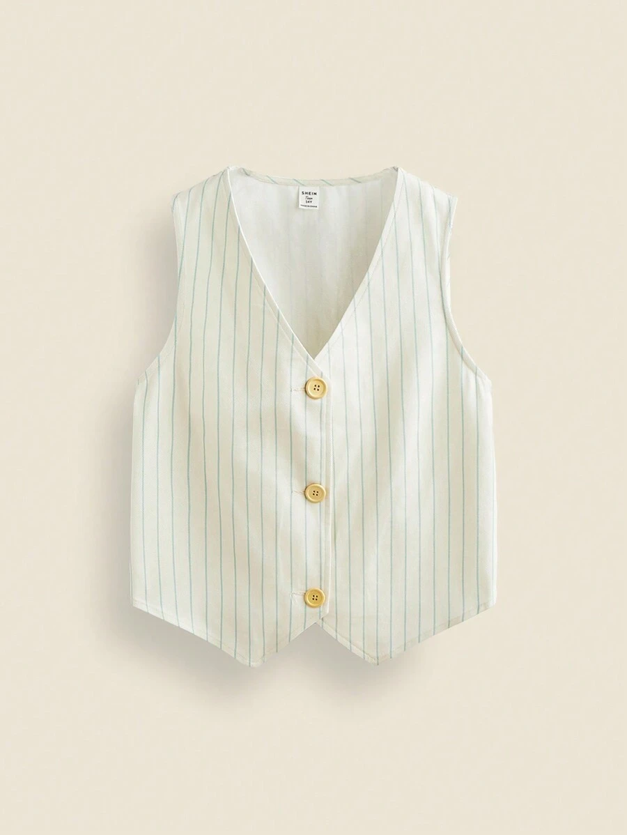 THE HAPPY LOOK Chaleco sin mangas casual a rayas con cuello en V para niñas adolescentes, primavera/verano - Beis - Ver 1