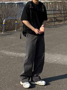 DAZY Pantalones casuales sencillos de unicolor para hombres, otoño - Gris Oscuro - Ver 5