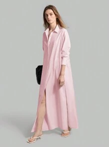 Ontre 女士纯色落肩长袖休闲长衬衫裙，春夏 - 淺粉色 - 查看 1