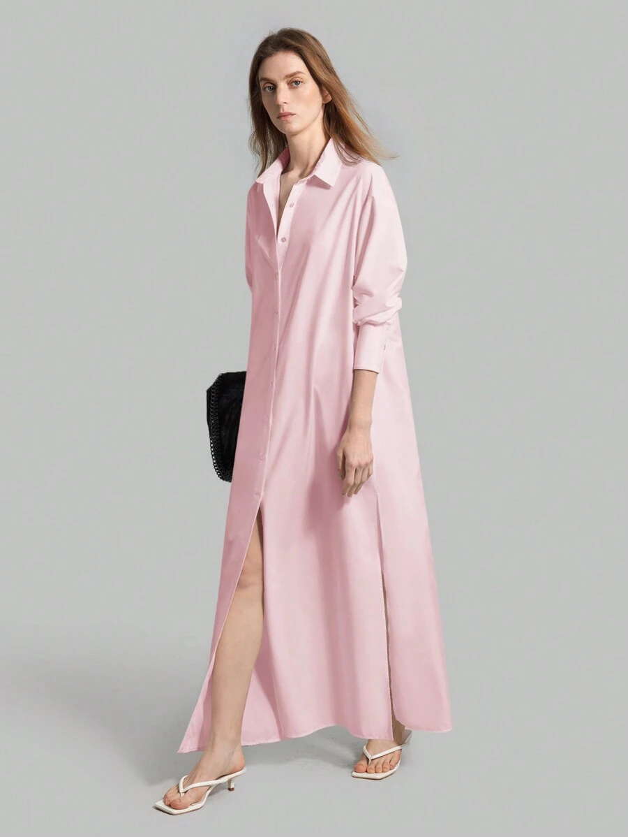 Ontre 女士纯色落肩长袖休闲长衬衫裙，春夏 - 淺粉色 - 查看 1
