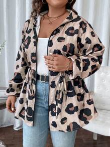 SHEIN LUNE Women's Plus Size Long Sleeve Leopard Print Hooded Casual Jacket With Drawstring Waist For Autumn & Winter Fall - Multicolor - View 4