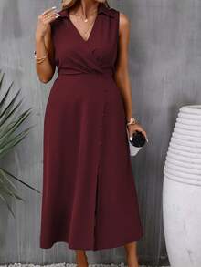 Franclia Plus Size Cổ Chữ V Không Tay Xẻ Eo Đầm Thanh Lịch Duyên Dáng Quyến Rũ - Màu Tím - Xem 3