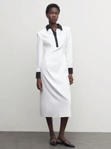 BizChic Women's Contrast Color Collared Midi Dress For Work - White - View 6