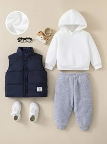 SHEIN Leap Crew 年轻男孩 3 件套休闲韩版字母印花连帽运动衫和宽松慢跑裤和加垫背心，温暖冬季服装，适合学校、花园、海滩、生日，适合春、夏、秋、冬服装 - 彩色 - 查看 4
