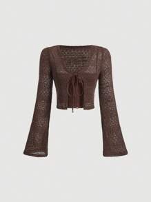 SHEIN MOD Women's Solid Color Simple Long Sleeve Blouse - Coffee Brown - View 1