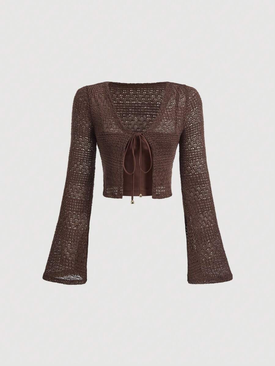 SHEIN MOD Women's Solid Color Simple Long Sleeve Blouse - Coffee Brown - View 1