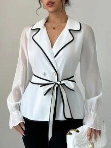 Chiquease Women's Contrast Trim Cinched Waist Blouse Women Shirt,Long Sleeve Tops