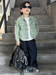 Young Boy Vintage Soft Washed Light Green Denim Jacket - Green - View 6